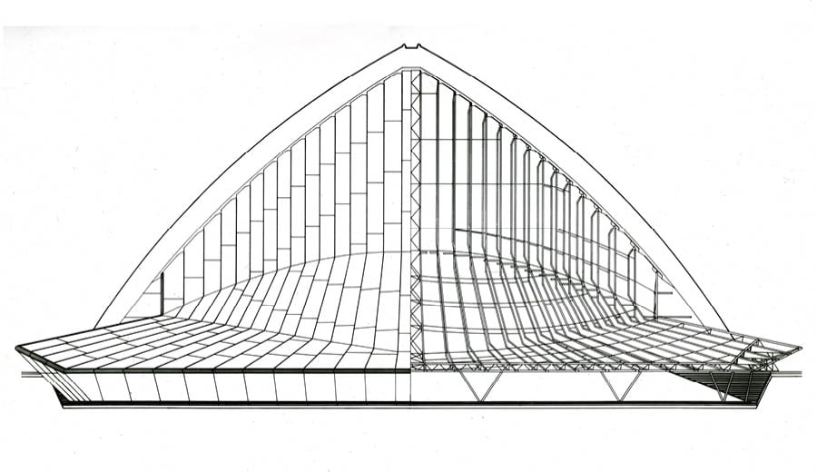 An architectural drawing of the front view of the Sydney Opera House