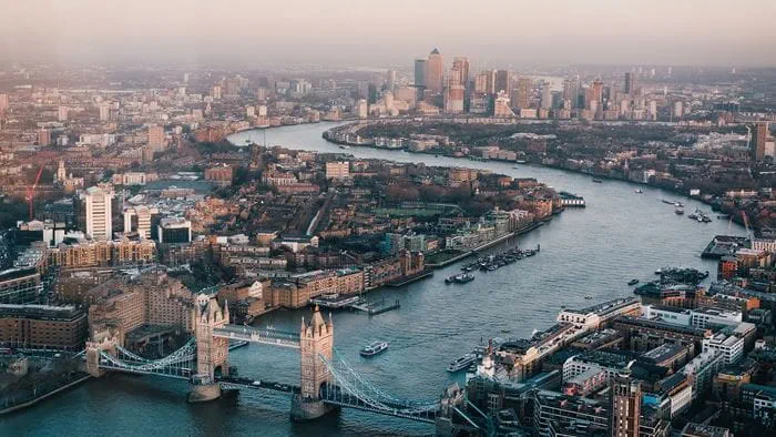 aerial view of london thames tower bridge