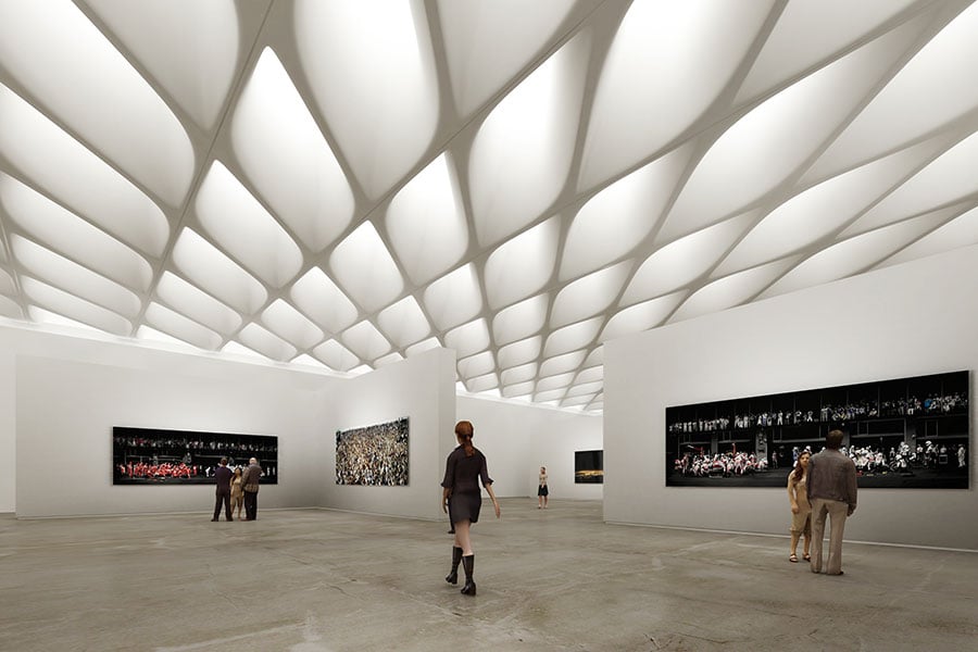 Arup designed specialty daylighting, sprinkler, and environmental control systems to protect the works of the Broad's collection on display. © The Broad and Diller Scofidio + Renfro.