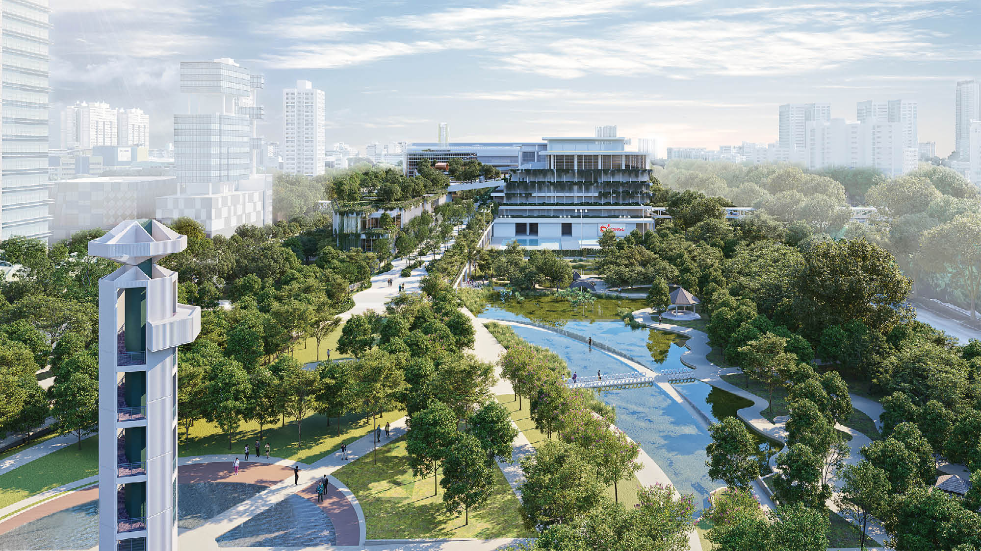 Illustration of future precinct with lake, green parks, sports venues, buildings and trees