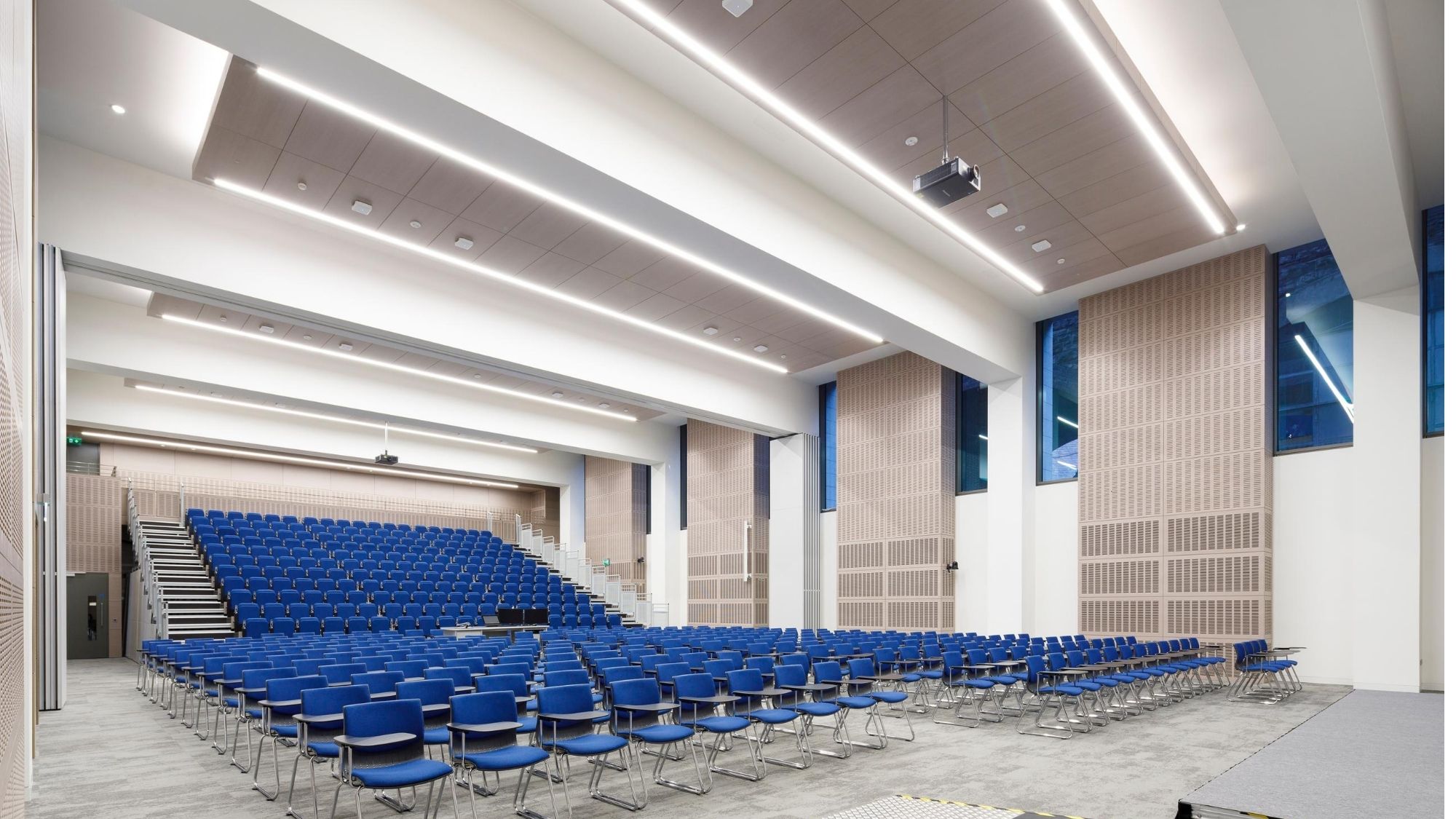 Rows of blue chairs in the 600-seat auditorium at Trinity Business School