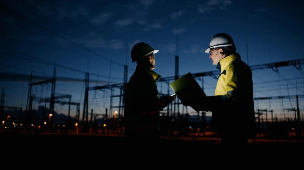 Two men working in front of an electricity substation