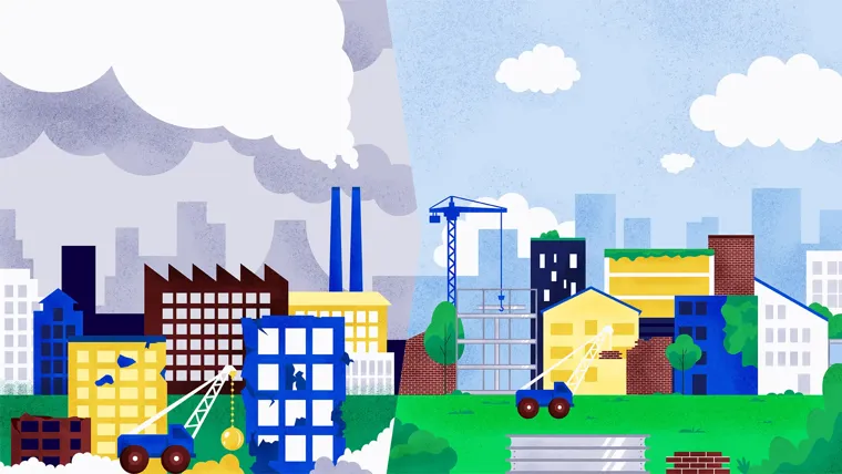 A cartoon of a city.