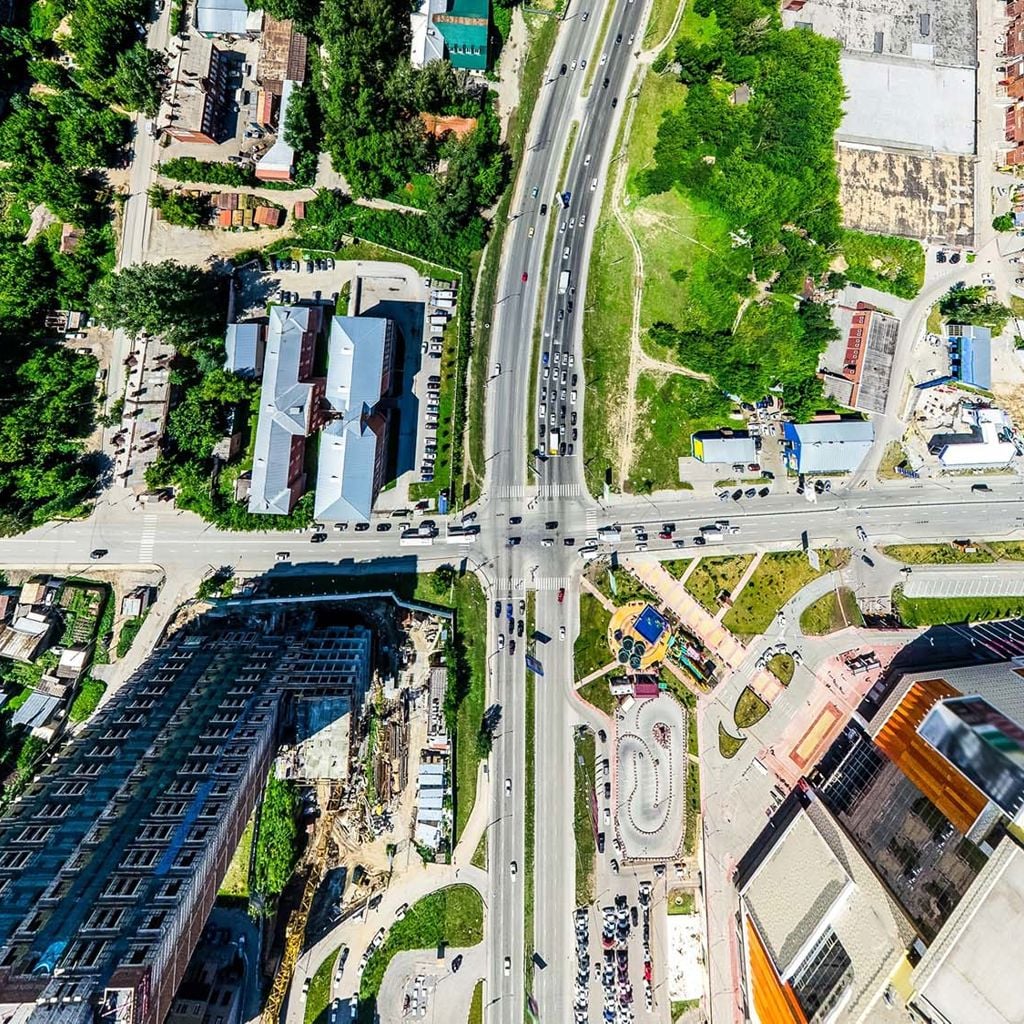 A high angle view of a city.