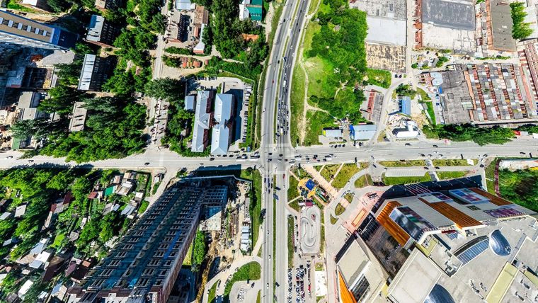 A high angle view of a city.