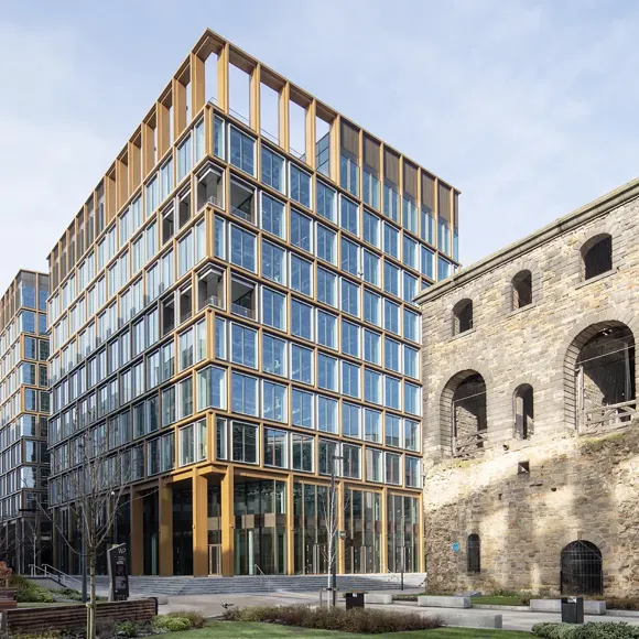 A stone building with a stone tower.
