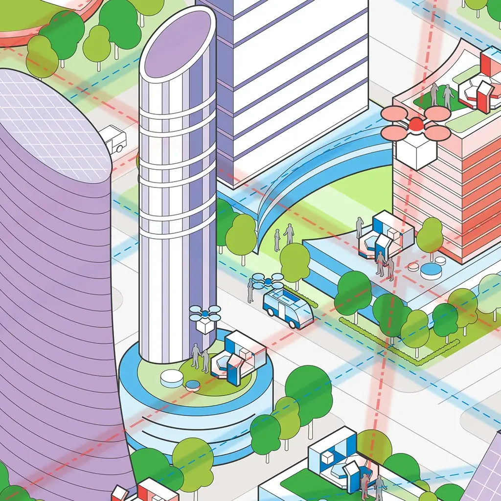 Graphic depicting the low altitude economy, drones, city