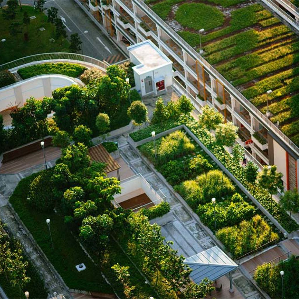 A building with a green lawn and trees in front of it.