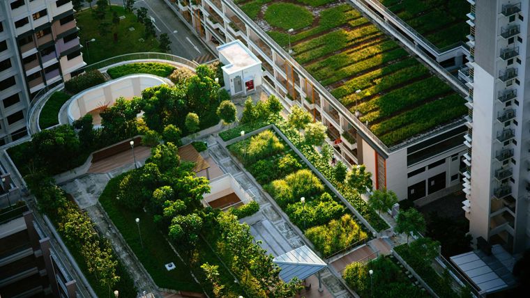 A high angle view of a building.