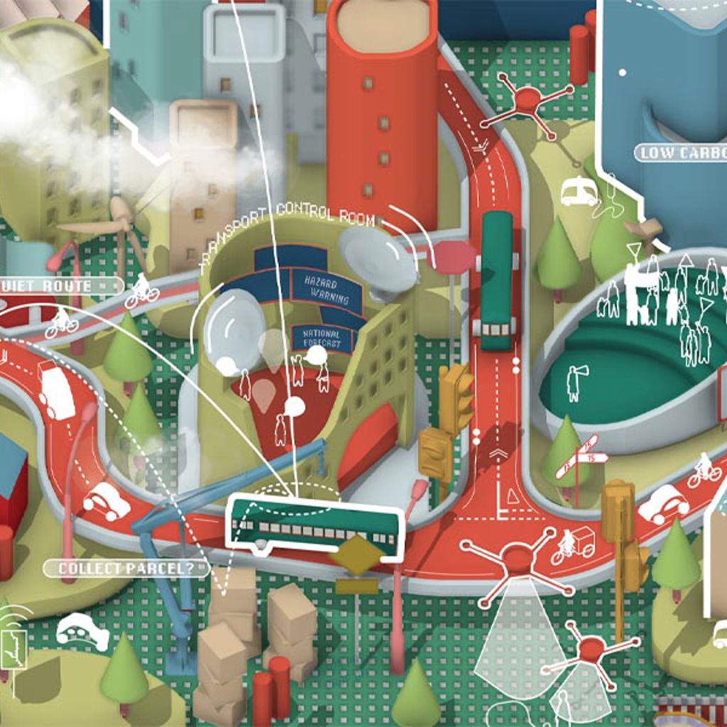 Illustration of a futuristic city's transport links