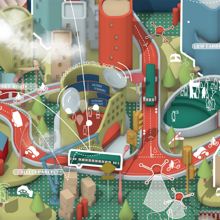 Illustration of a futuristic city's transport links