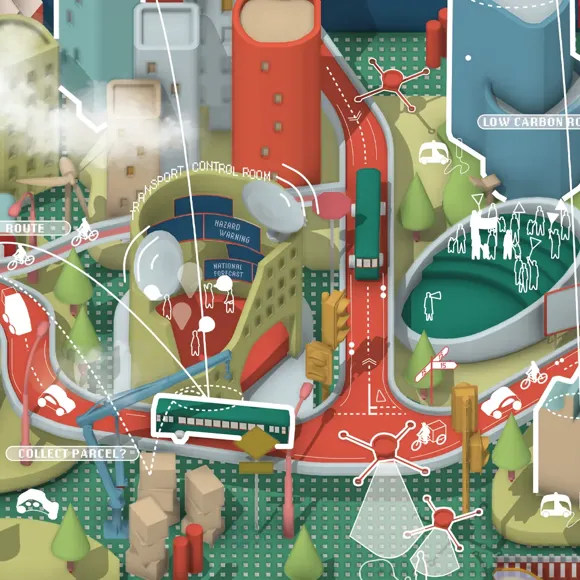Illustration of a futuristic city's transport links