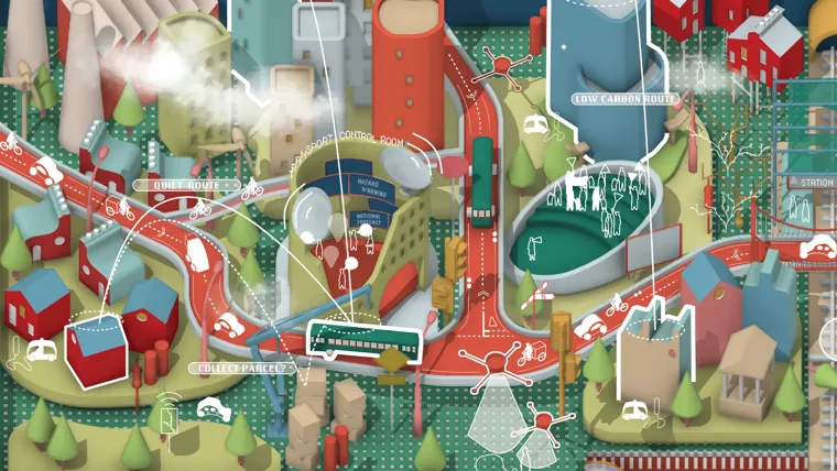 Illustration of a futuristic city's transport links