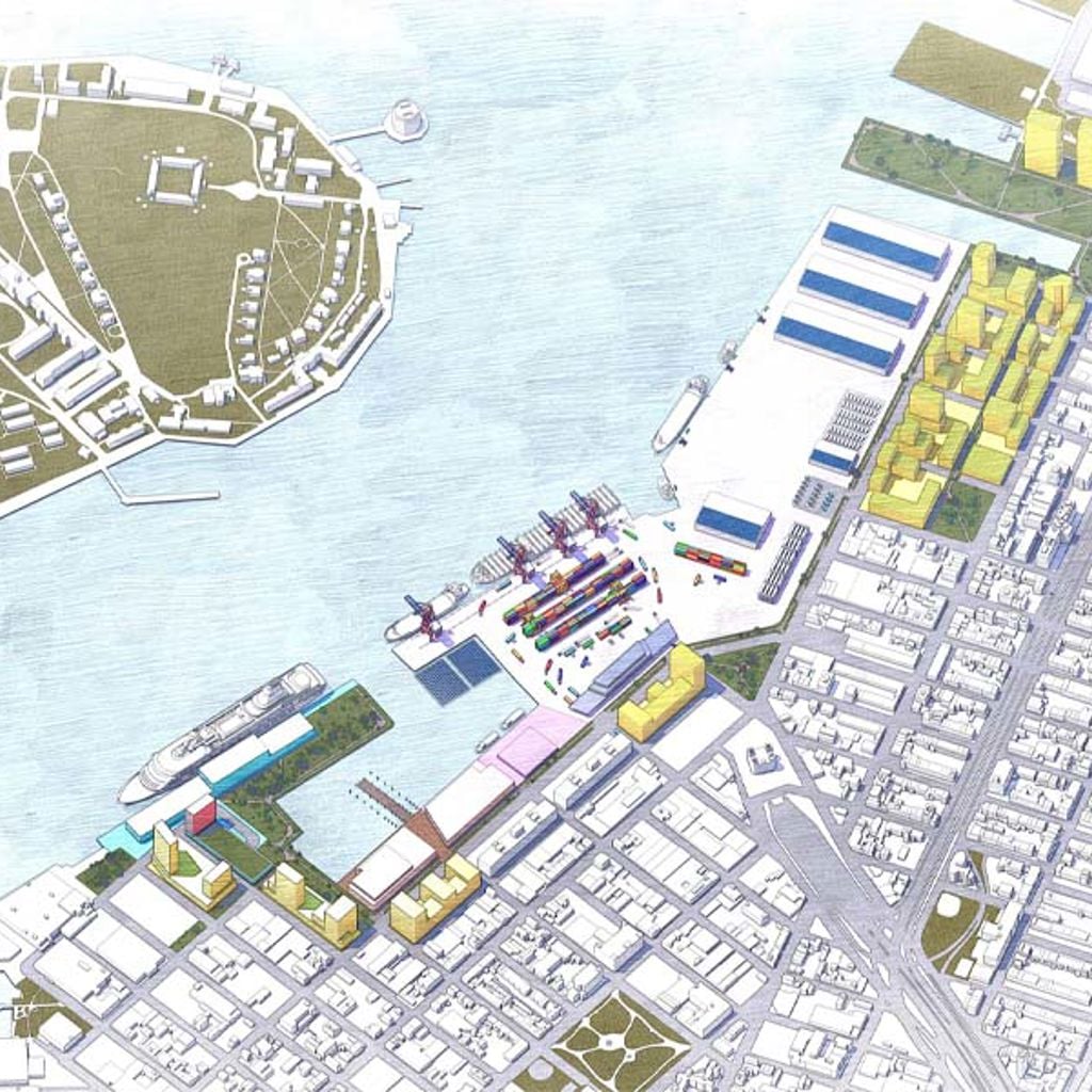 Aerial illustration of a port with container terminals and vessels