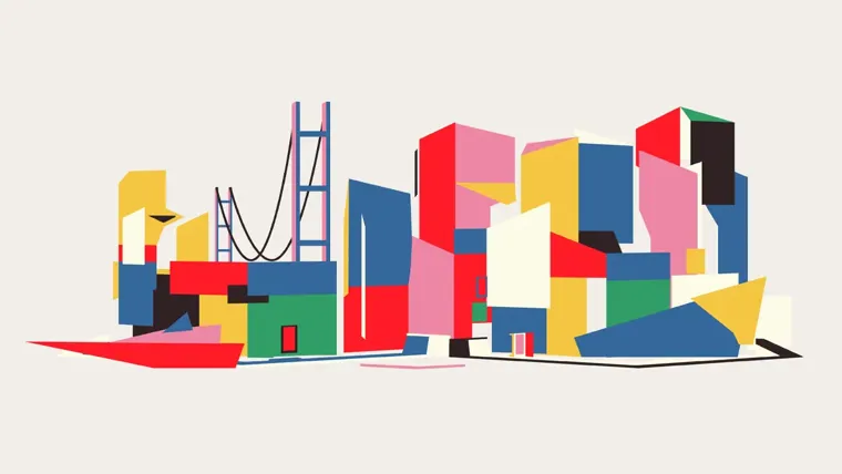 Abstract colour‑block graphic of a city skyline