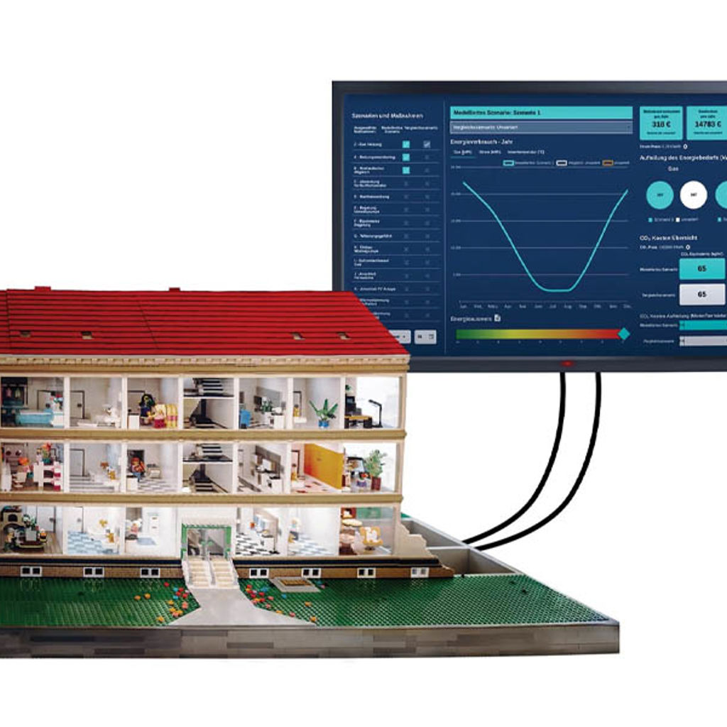 Über 20.000 Klemmbausteine, 6 Wohneinheiten, 5 Sensoren. Die Sensoren übertragen die Daten auf ein angeschlossenes Touch-Pad.