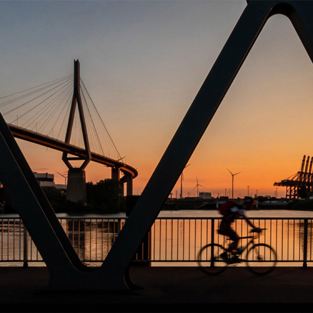 A person riding a bicycle on a bridge.