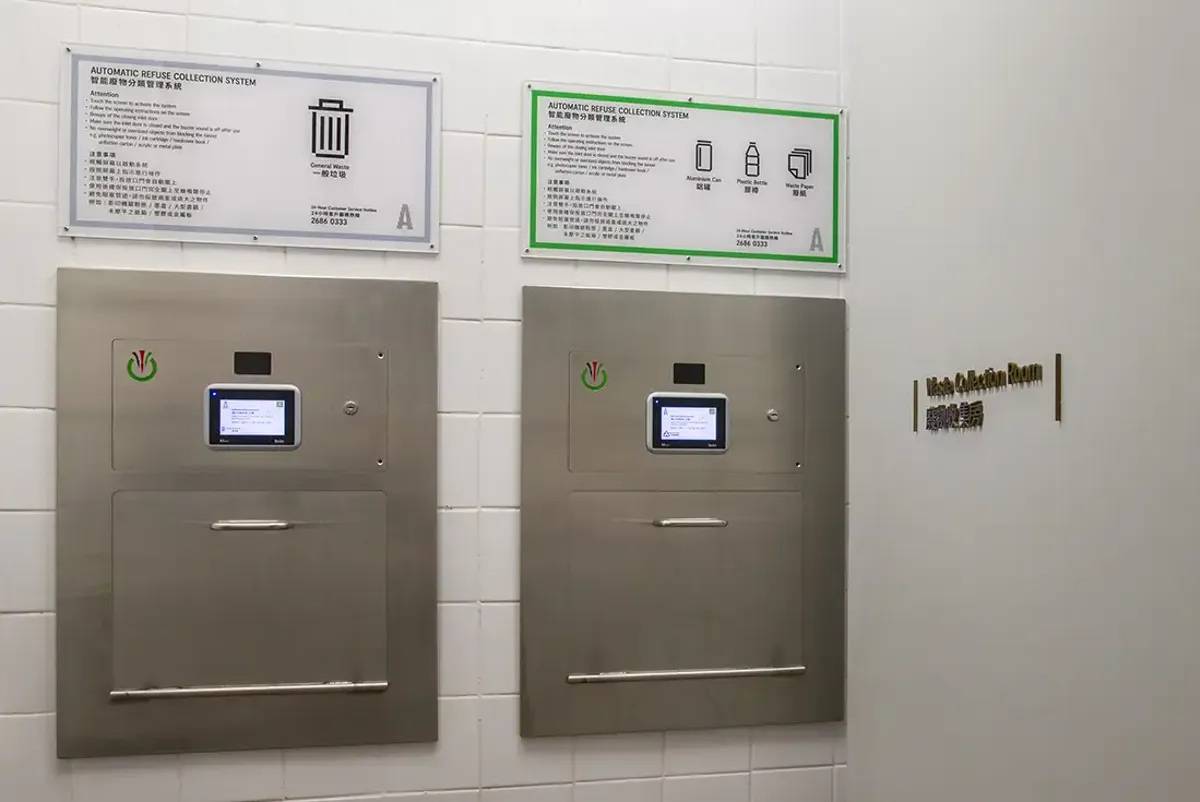 The automatic refuse collection system weighs and sorts general waste and recyclables and includes a tenant identification system. 