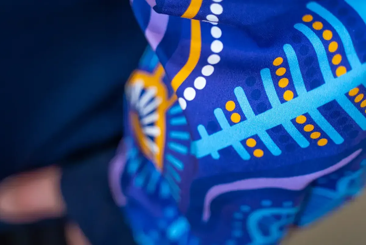 Close up view of Aboriginal artwork on clothing