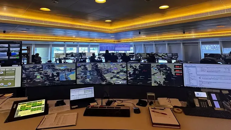 A room with many monitors and a large screen.