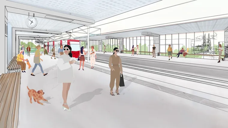 A group of people walking on a walkway.