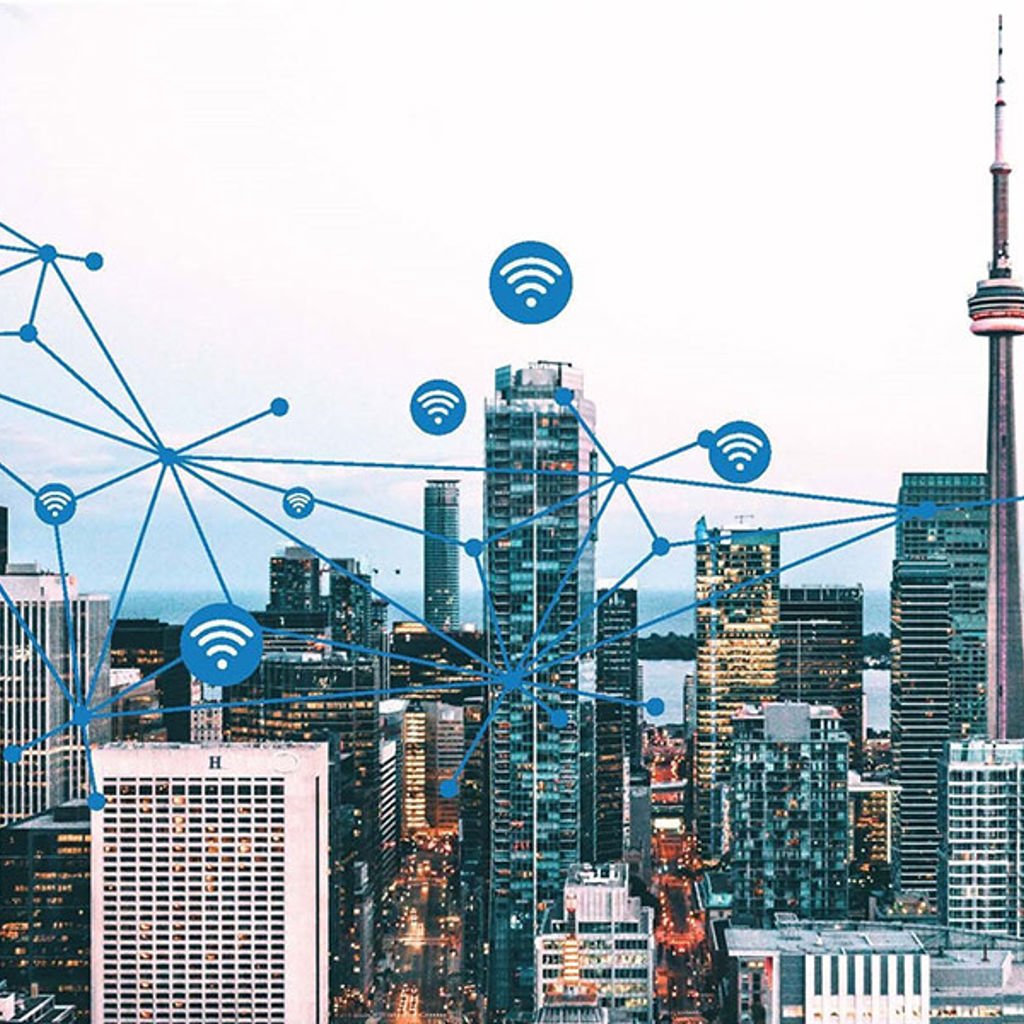 Toronto skyline with digital connectivity graphic overlayed