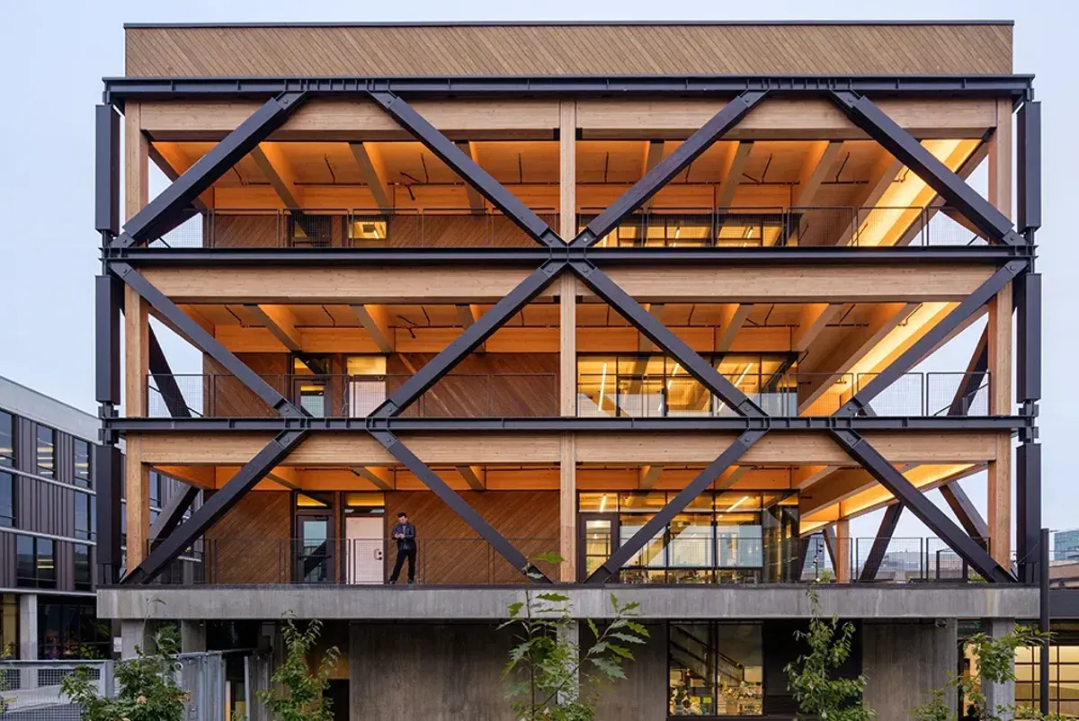 A building with a large glass window.