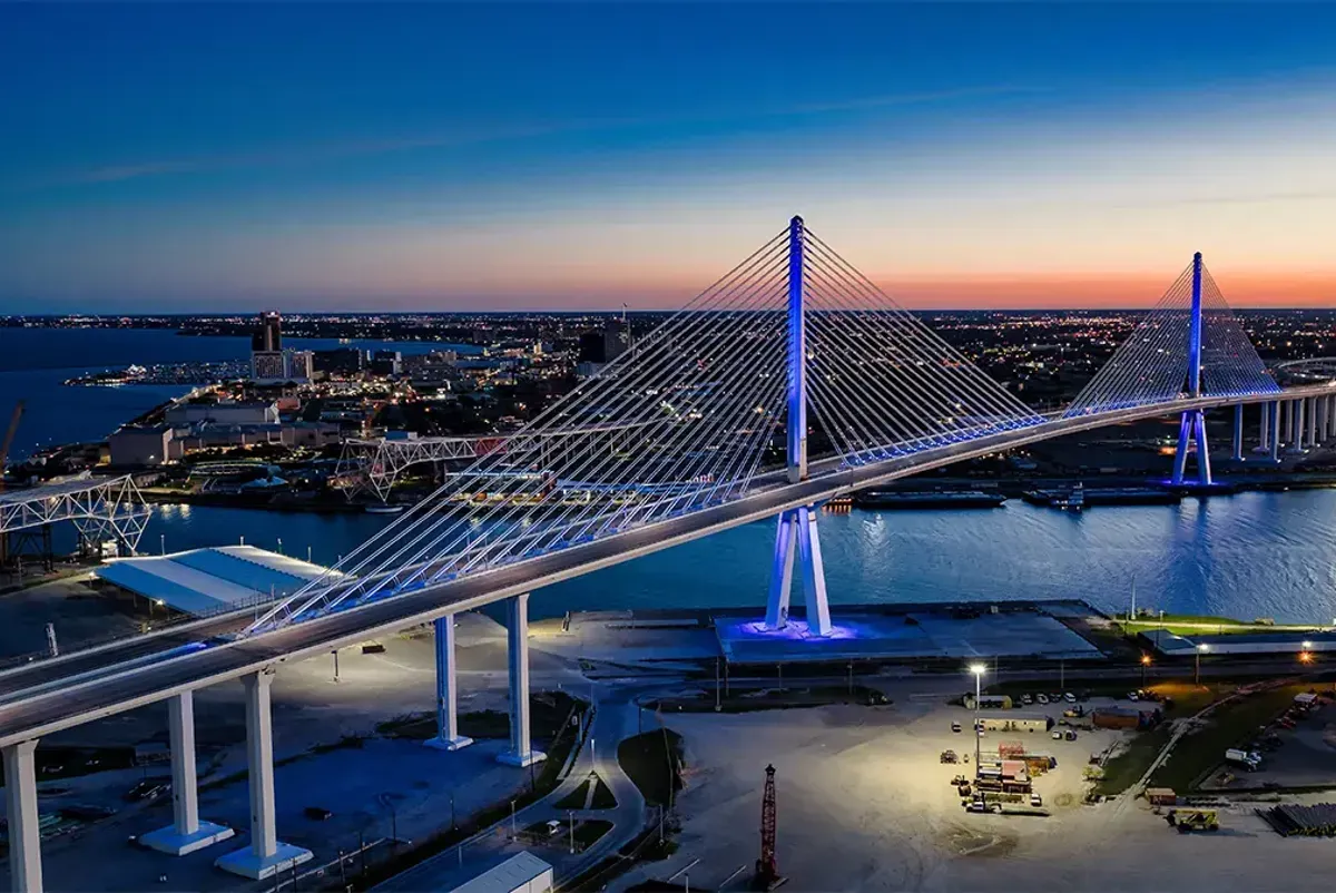 A bridge with lights on it.