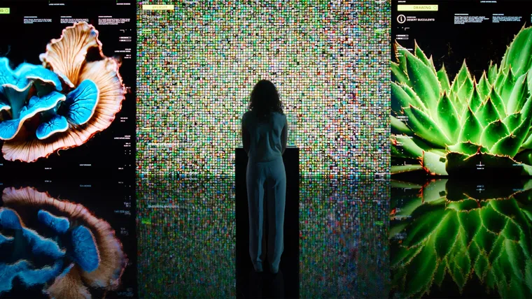 A woman standing in front of a bright screen