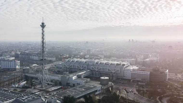 A city with a tower in the middle.