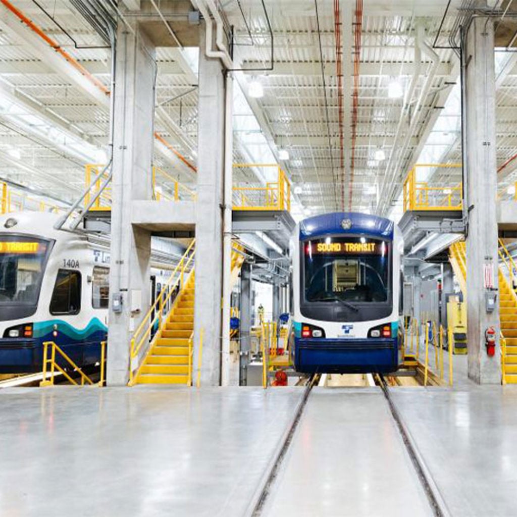 Trains in a train maintenance facility