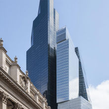 A tall glass building.