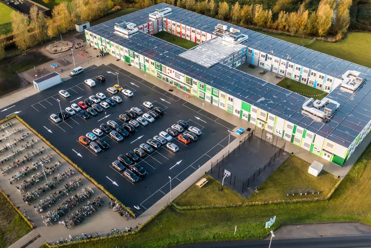 Aerial view of a parking lot.