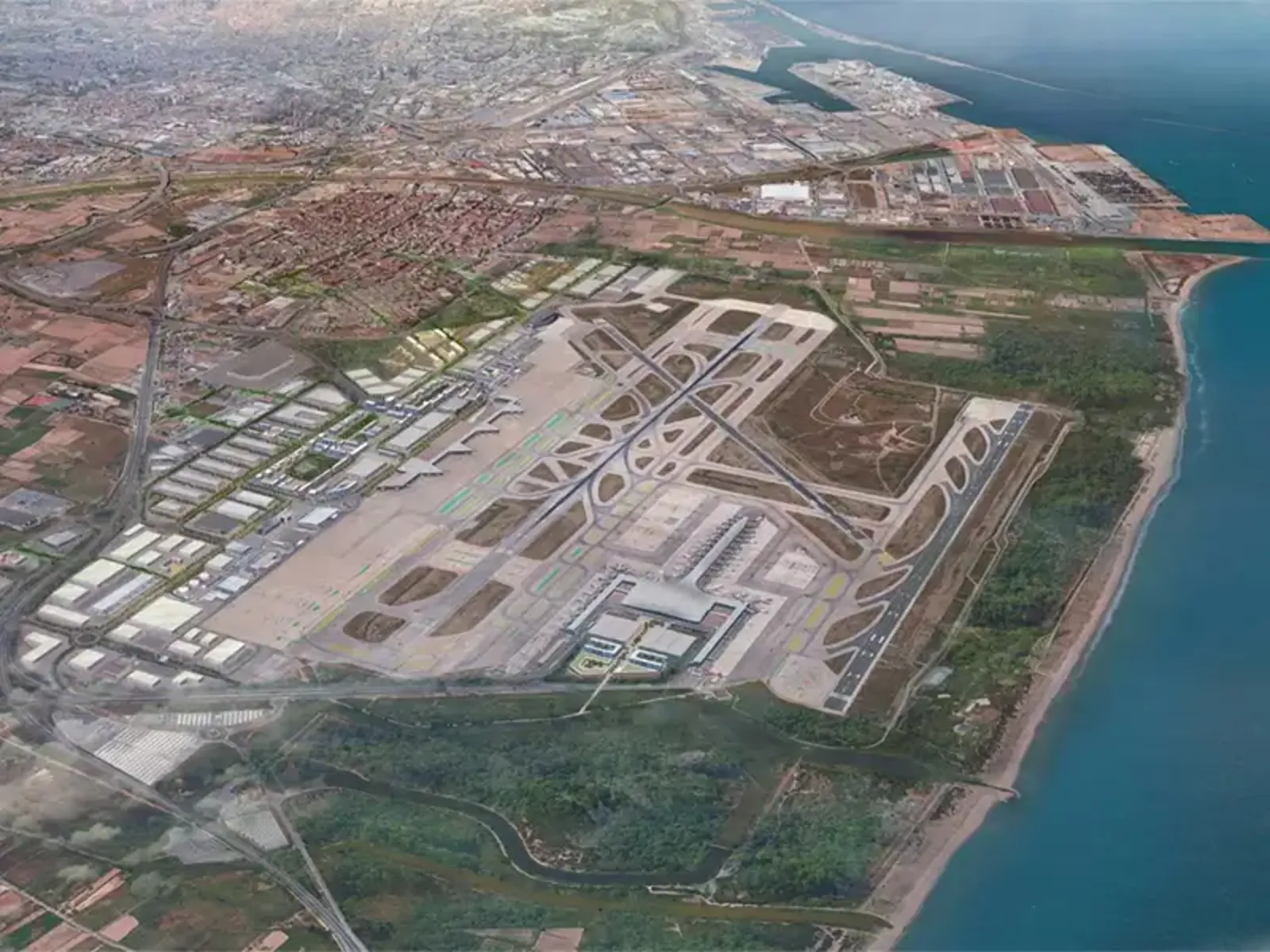 Aerial render of the airport's site in Barcelona