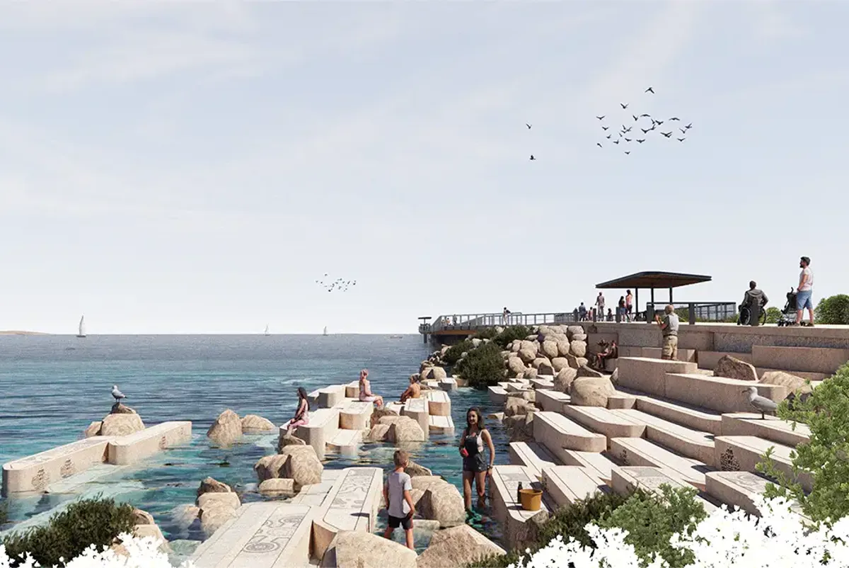 Artist illustration of large concrete steps from Bowen Wharf structure down to the ocean