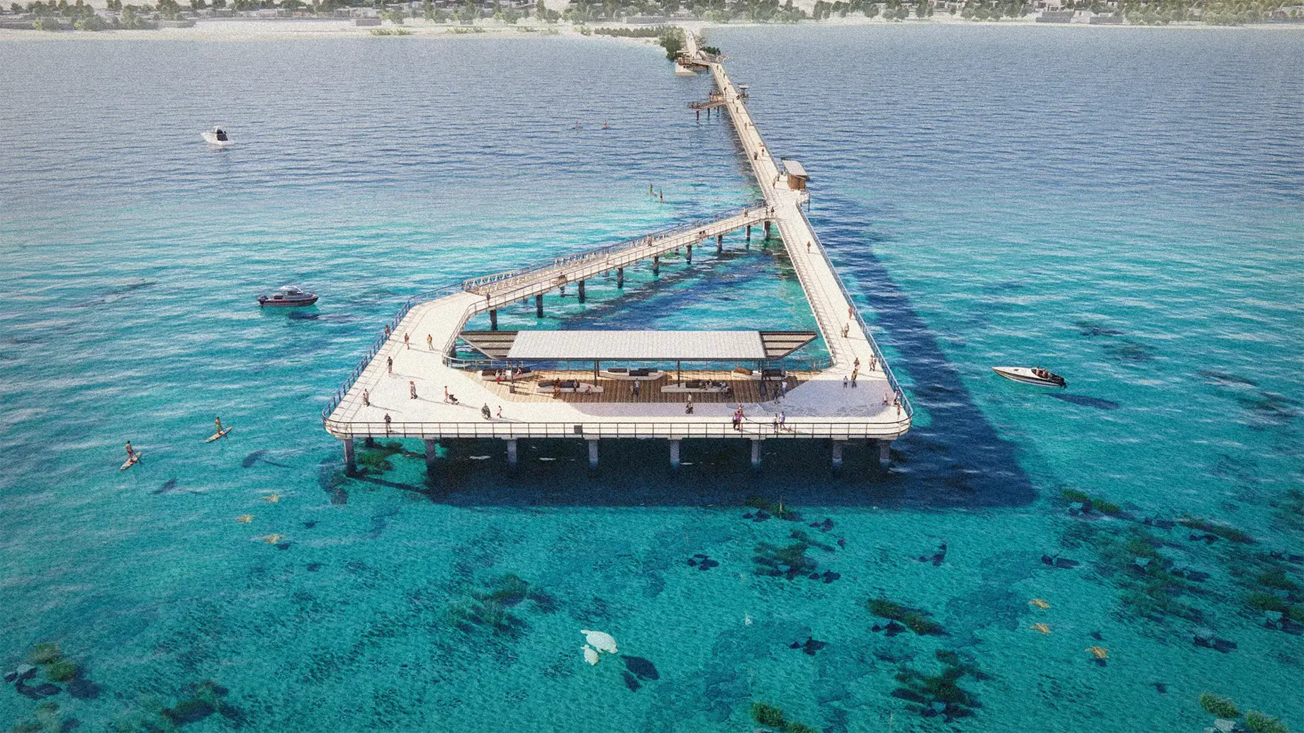Artist illustration of Bowen Wharf aerial view from ocean