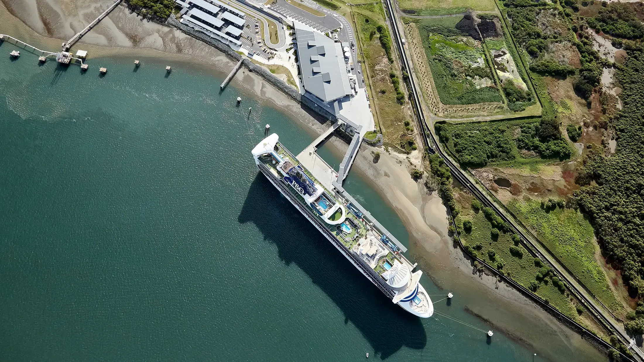 Arial view of ship docked at Brisbane International Cruise Terminal