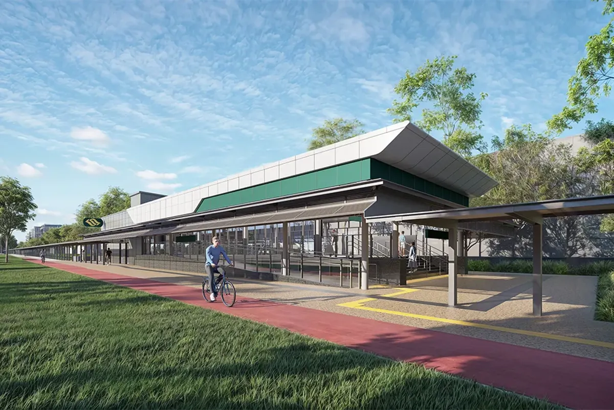 Sketch of a train station surrounded with grass and cycling path
