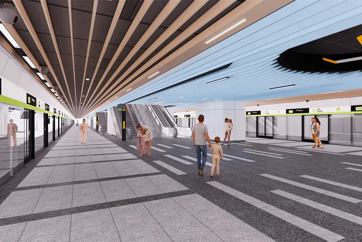 Sketch of a train station platform with passengers