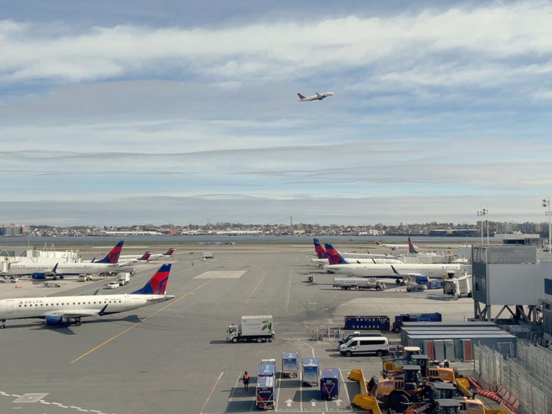 Planes taking off at an airport