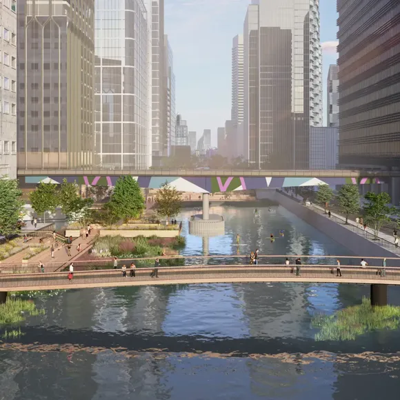 Visualisation of a bridge over the dock at Canary Wharf in London