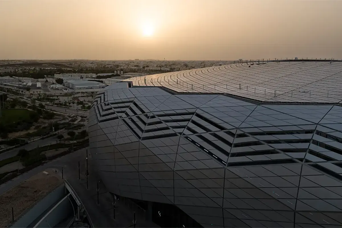 Education City Stadium facade in the sunset