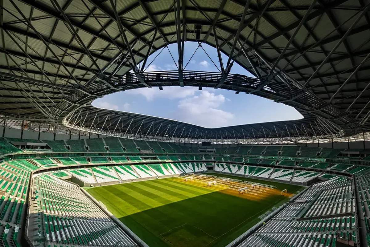 A large empty sports stadium.