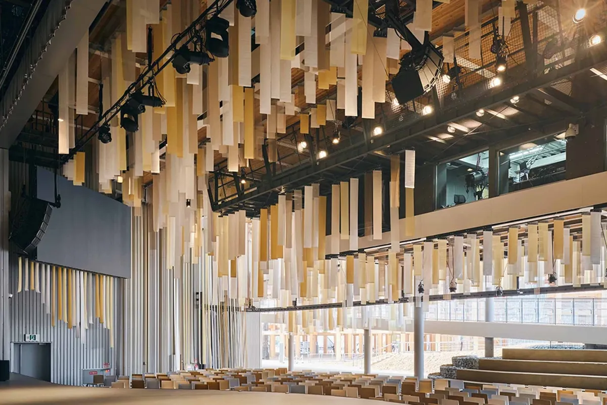 A large room with many lights.