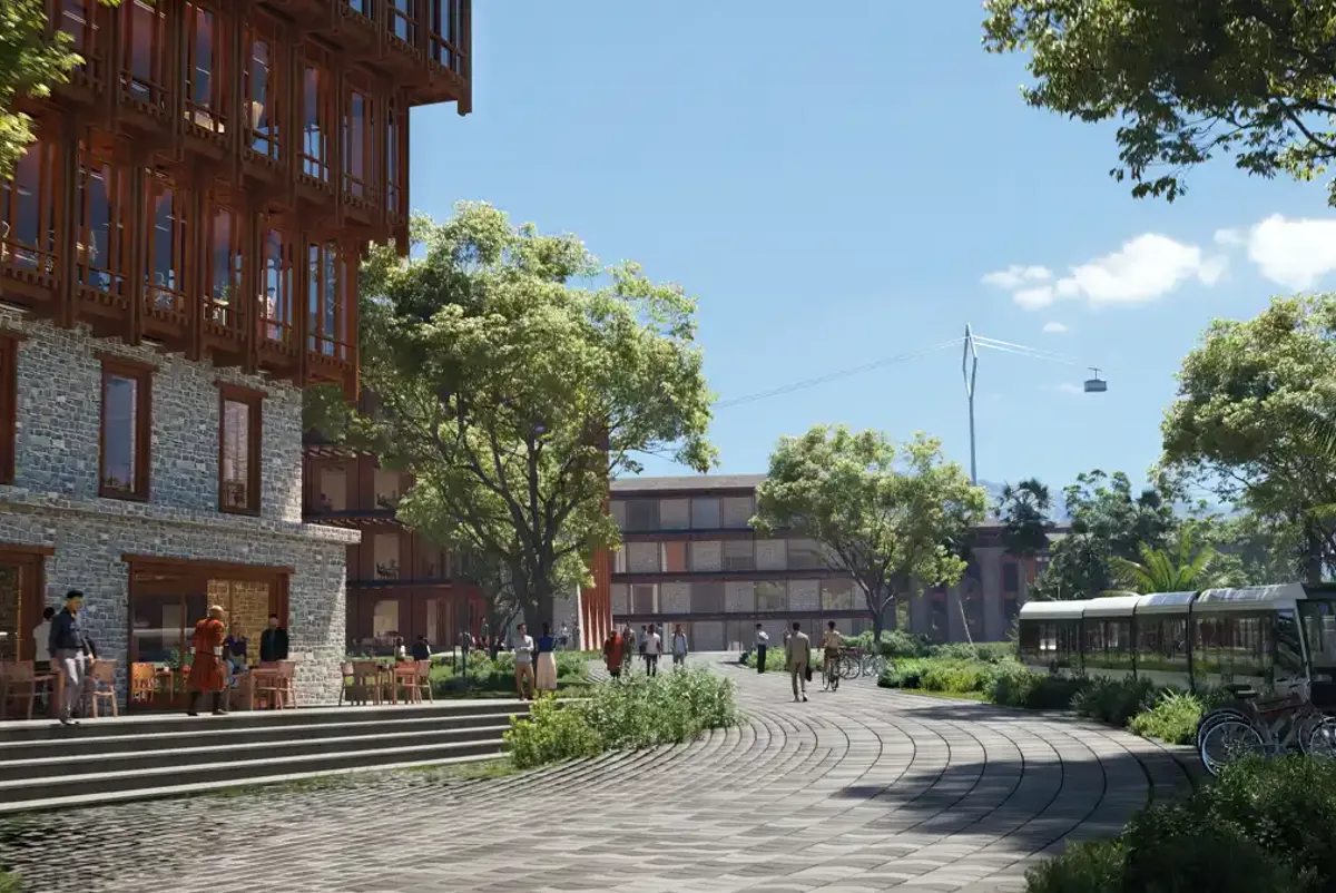 A street with a bus and people.