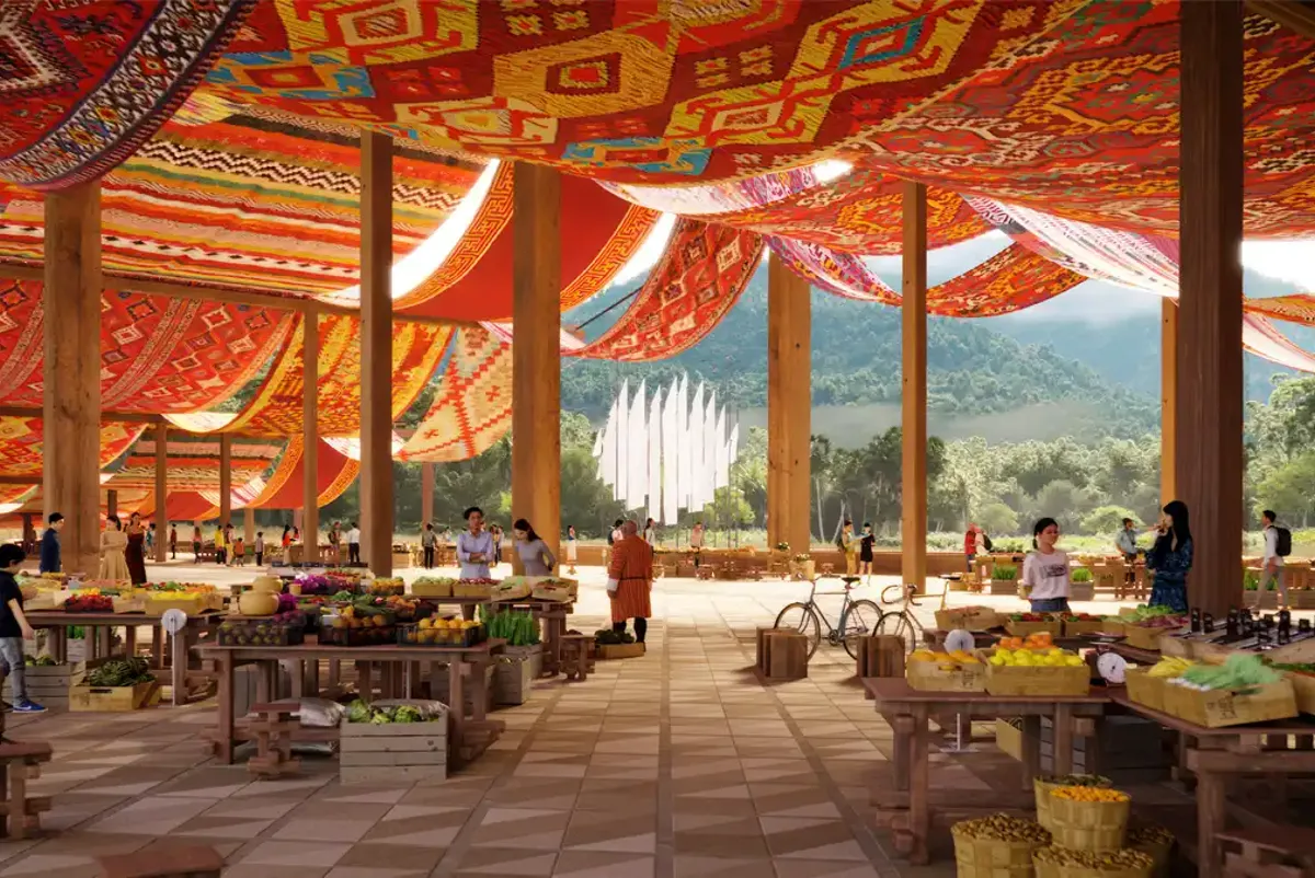 A group of people in a market.