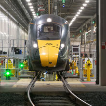 Great Western train in a depot undergoing maintenance
