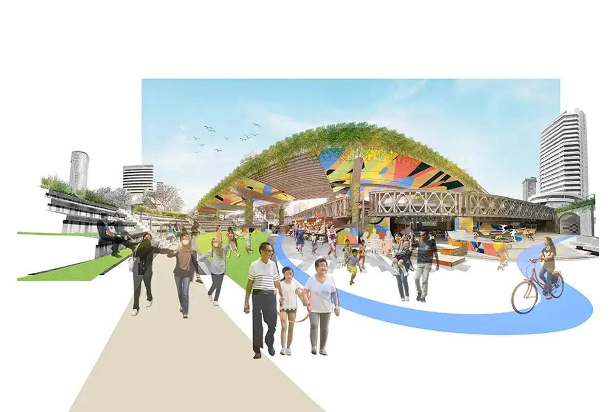 Collage of public space with pathways, parks, and artwork