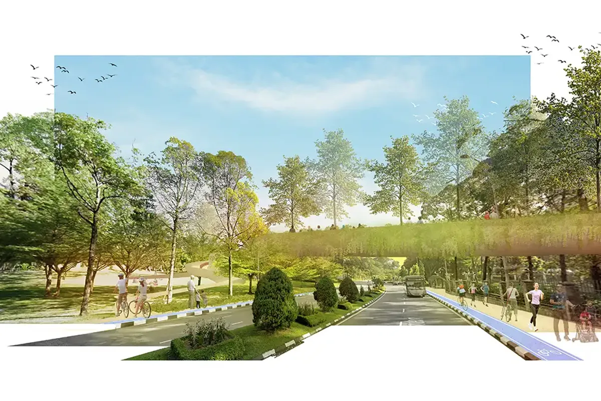 Collage of city streets with green canopy and gardens