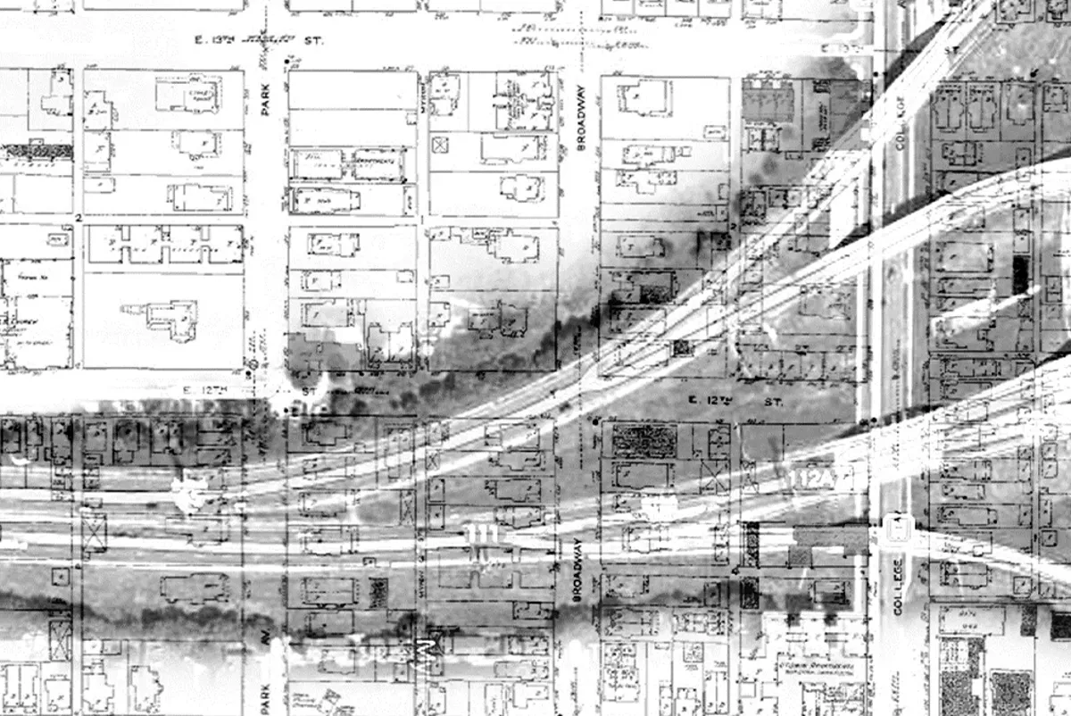Diagram of buildings overlayed with a highway drawing